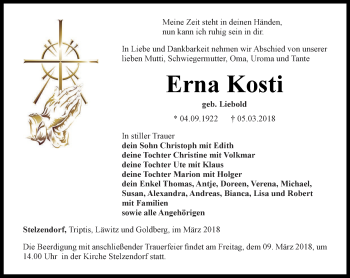 Traueranzeige von Erna Kosti von Ostthüringer Zeitung