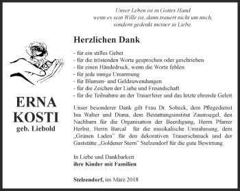 Traueranzeige von Erna Kosti von Ostthüringer Zeitung
