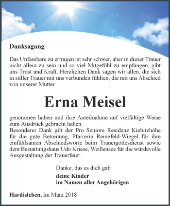 Traueranzeige von Erna Meisel von Thüringer Allgemeine