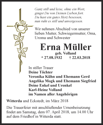 Traueranzeige von Erna Müller von Thüringer Allgemeine, Thüringische Landeszeitung