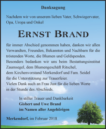 Traueranzeige von Ernst Brand von Ostthüringer Zeitung