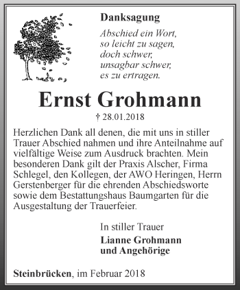 Traueranzeige von Ernst Grohmann von Thüringer Allgemeine