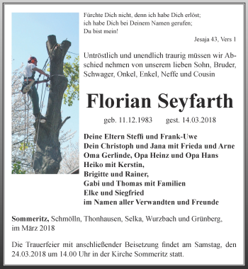 Traueranzeige von Florian Seyfarth von Ostthüringer Zeitung