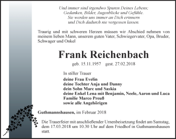 Traueranzeige von Frank Reichenbach von Thüringer Allgemeine