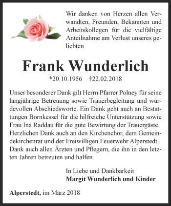 Traueranzeige von Frank Wunderlich von Thüringer Allgemeine, Thüringische Landeszeitung