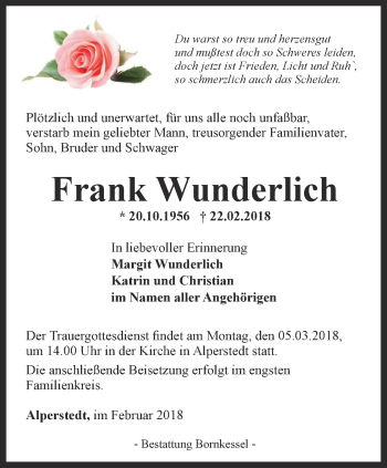 Traueranzeige von Frank Wunderlich von Thüringer Allgemeine, Thüringische Landeszeitung