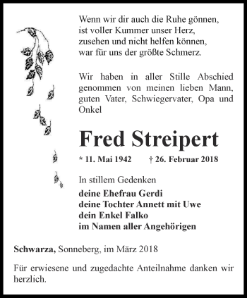 Traueranzeige von Fred Streipert von Ostthüringer Zeitung