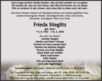 Traueranzeige von Frieda Stieglitz von Thüringer Allgemeine, Thüringische Landeszeitung