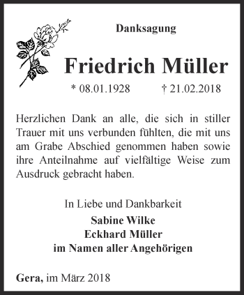 Traueranzeige von Friedrich Müller von Ostthüringer Zeitung