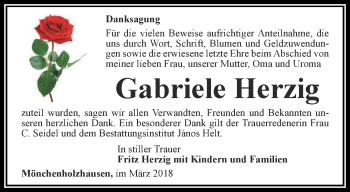 Traueranzeige von Gabriele Herzig von Thüringer Allgemeine, Thüringische Landeszeitung