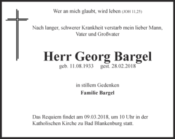 Traueranzeige von Georg Bargel von Ostthüringer Zeitung