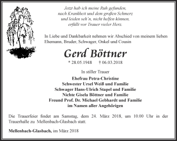 Traueranzeige von Gerd Böttner von Ostthüringer Zeitung