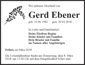 Traueranzeige von Gerd Ebener von Thüringer Allgemeine, Thüringische Landeszeitung