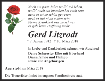 Traueranzeige von Gerd Litzrodt von Thüringer Allgemeine, Thüringische Landeszeitung