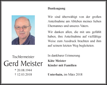 Traueranzeige von Gerd Meister von Ostthüringer Zeitung