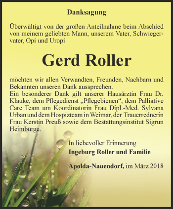 Traueranzeige von Gerd Roller von Thüringer Allgemeine, Thüringische Landeszeitung