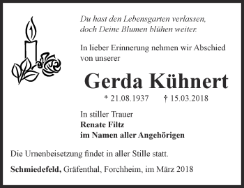 Traueranzeige von Gerda Kühnert von Ostthüringer Zeitung