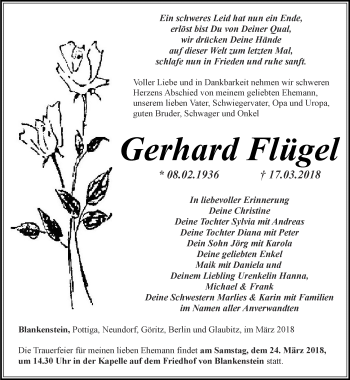 Traueranzeige von Gerhard Flügel von Ostthüringer Zeitung