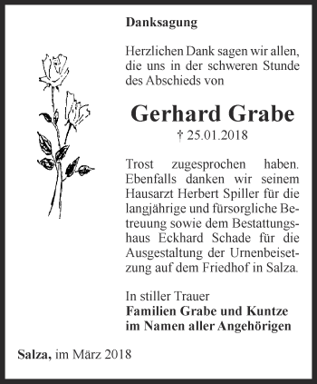 Traueranzeige von Gerhard Grabe von Thüringer Allgemeine