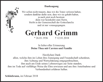 Traueranzeige von Gerhard Grimm von Ostthüringer Zeitung