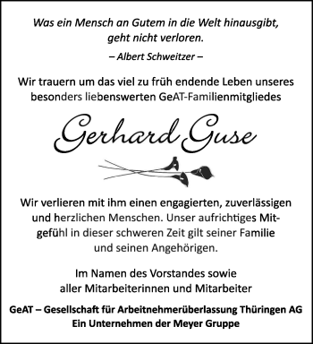 Traueranzeige von Gerhard Guse von Thüringer Allgemeine