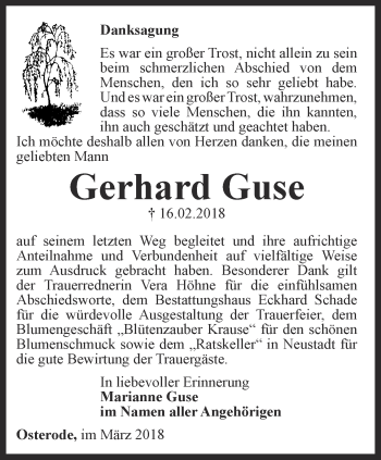 Traueranzeige von Gerhard Guse von Thüringer Allgemeine