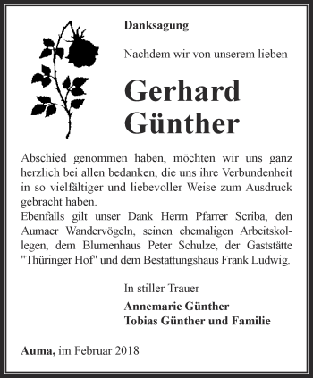 Traueranzeige von Gerhard Günther von Ostthüringer Zeitung