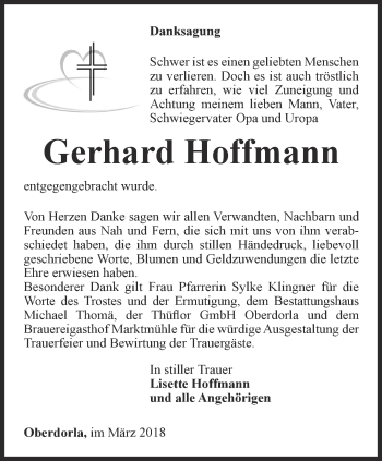 Traueranzeige von Gerhard Hoffmann von Thüringer Allgemeine, Thüringische Landeszeitung