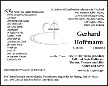 Traueranzeige von Gerhard Hoffmann von Thüringer Allgemeine, Thüringische Landeszeitung