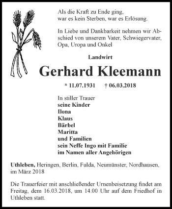 Traueranzeige von Gerhard Kleemann von Thüringer Allgemeine