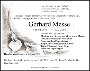 Traueranzeige von Gerhard Messe von Thüringer Allgemeine
