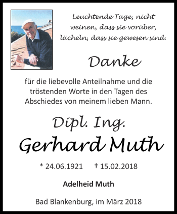 Traueranzeige von Gerhard Muth von Ostthüringer Zeitung