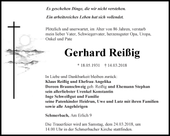 Traueranzeige von Gerhard Reißig von Ostthüringer Zeitung, Thüringische Landeszeitung