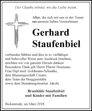 Traueranzeige von Gerhard Staufenbiel von Thüringer Allgemeine, Thüringische Landeszeitung