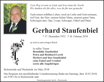 Traueranzeige von Gerhard Staufenbiel von Thüringer Allgemeine, Thüringische Landeszeitung