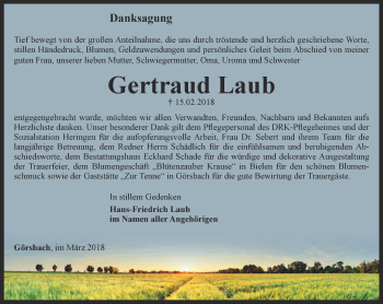 Traueranzeige von Gertraud Laub von Thüringer Allgemeine