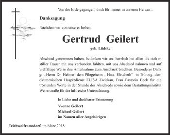 Traueranzeige von Gertrud Geilert