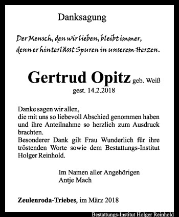 Traueranzeige von Gertrud Opitz von Ostthüringer Zeitung