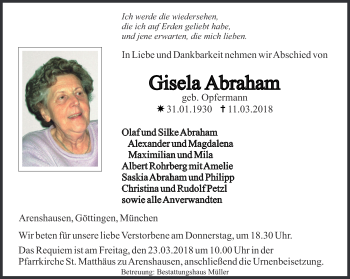 Traueranzeige von Gisela Abraham von Thüringer Allgemeine
