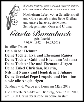 Traueranzeige von Gisela Baumbach von Ostthüringer Zeitung, Thüringische Landeszeitung