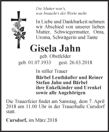 Traueranzeige von Gisela Jahn von Ostthüringer Zeitung