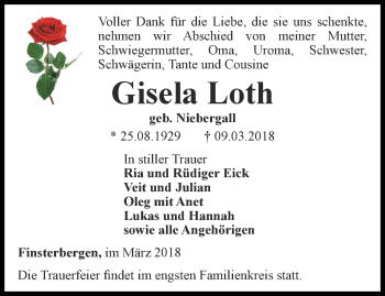 Traueranzeige von Gisela Loth von Ostthüringer Zeitung, Thüringische Landeszeitung