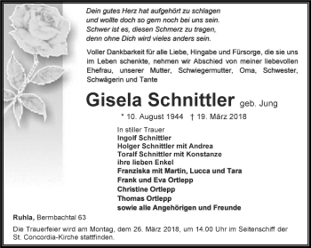 Traueranzeige von Gisela Schnittler von Thüringer Allgemeine, Thüringische Landeszeitung