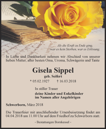 Traueranzeige von Gisela Sippel von Thüringer Allgemeine, Thüringische Landeszeitung