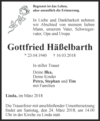 Traueranzeige von Gottfried Häßelbarth von Ostthüringer Zeitung