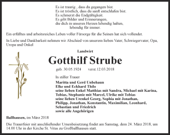 Traueranzeige von Gotthilf Strube von Thüringer Allgemeine, Thüringische Landeszeitung