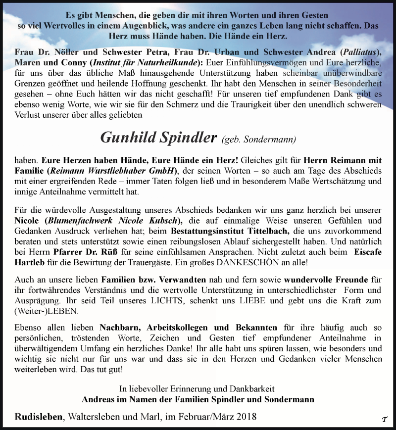  Traueranzeige für Gunhild Spindler vom 03.03.2018 aus Thüringer Allgemeine, Thüringische Landeszeitung