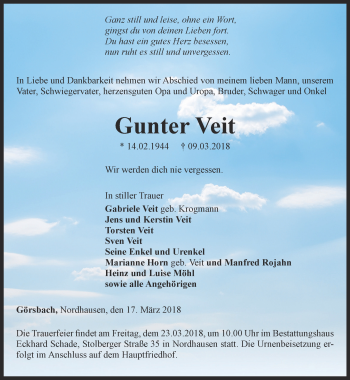 Traueranzeige von Gunter Veit von Thüringer Allgemeine