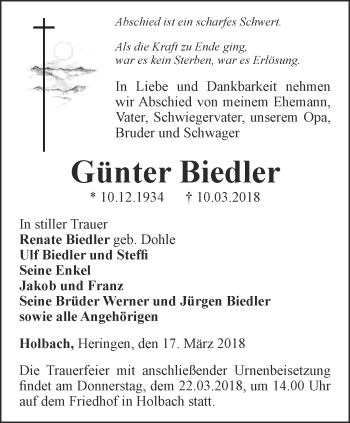 Traueranzeige von Günter Biedler von Thüringer Allgemeine