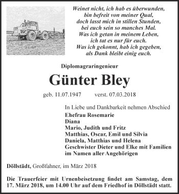 Traueranzeige von Günter Bley von Ostthüringer Zeitung, Thüringische Landeszeitung